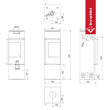 Kratki Kaminofen aus Stahl KRATKI REN/S rechts Ø 150 7 kW mit Türfeder