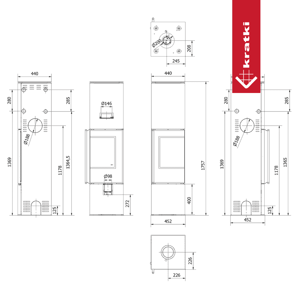 Kratki Kaminofen aus Stahl KRATKI REN/L rechts Ø 150 7 kW mit Türfeder