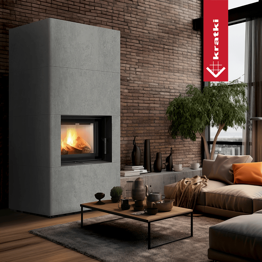 Kratki Kaminbausatz KRATKI FLOKI BOX 8 kW Ø 160 Quarzsinter CEMENTO GRIGIO BOCCIARDATA mit Türfeder