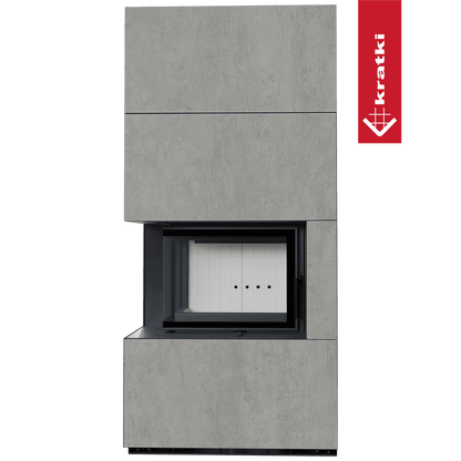 Kratki Kaminbausatz KRATKI FLOKI BOX links 8 kW Ø 160 Quarzsinter CEMENTO GRIGIO BOCCIARDATA mit Türfeder