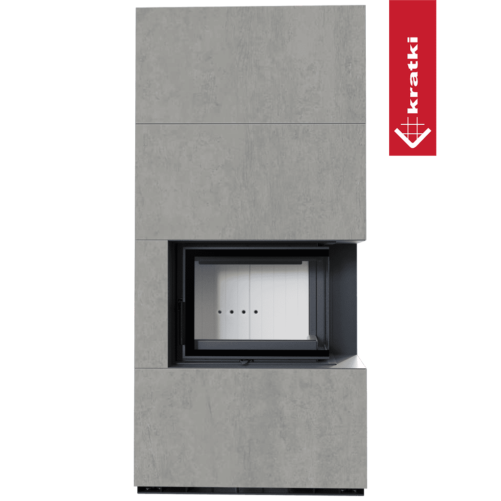 Kratki Kaminbausatz KRATKI FLOKI BOX rechts 8 kW Ø 160 Quarzsinter CEMENTO GRIGIO BOCCIARDATA mit Türfeder