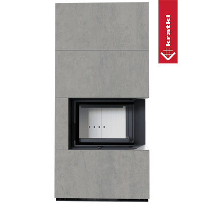 Kratki Kaminbausatz KRATKI FLOKI BOX rechts 8 kW Ø 160 Quarzsinter CEMENTO GRIGIO BOCCIARDATA mit Türfeder