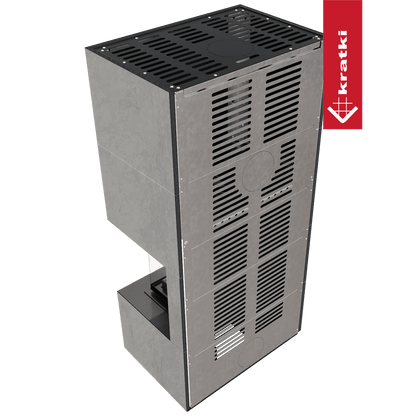 Kratki Kaminbausatz KRATKI FLOKI BOX rechts 8 kW Ø 160 Quarzsinter CEMENTO GRIGIO BOCCIARDATA mit Türfeder