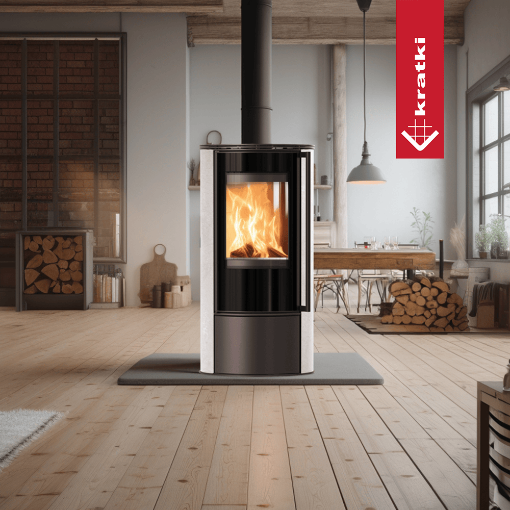 Kratki Kaminofen aus Stahl KRATKI ERIK Ø 150 5,5 kW dekorative Keramiken WHITE NATURAL