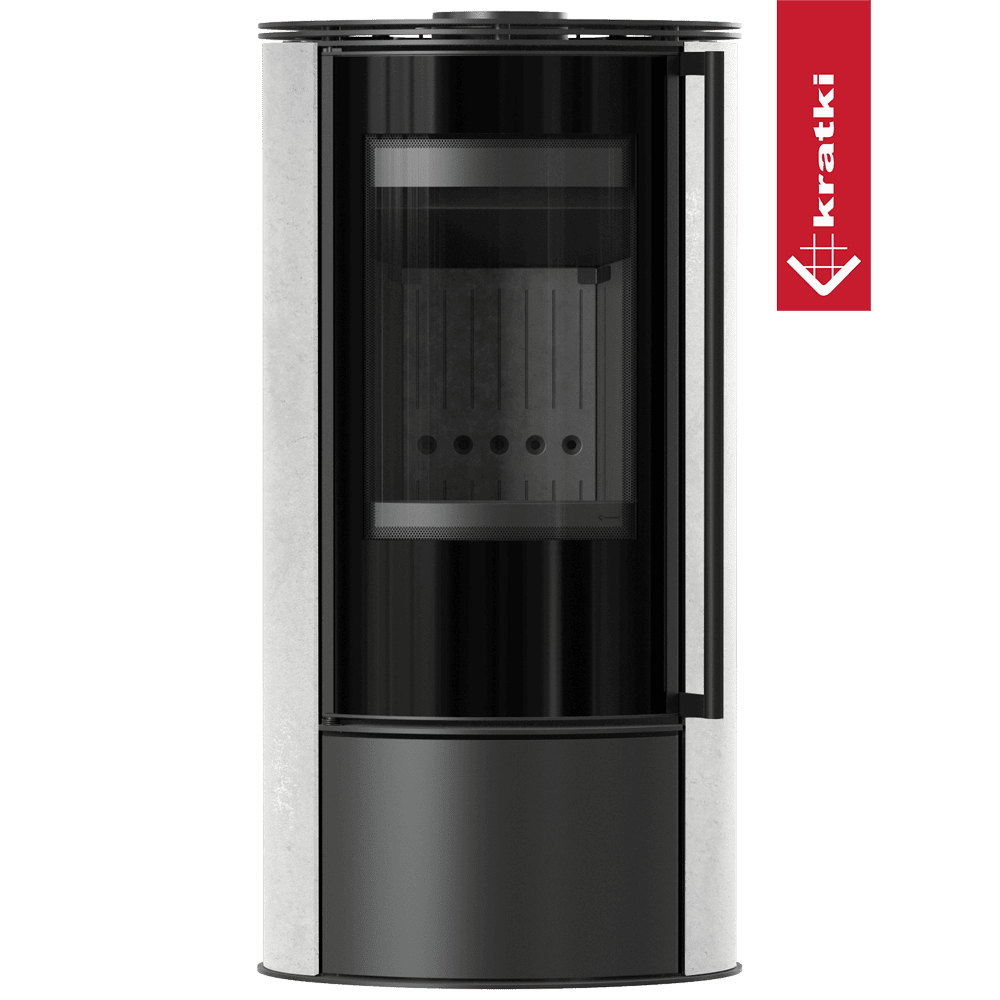 Kratki Kaminofen aus Stahl KRATKI ERIK Ø 150 5,5 kW dekorative Keramiken WHITE NATURAL schwarz Verkleidung