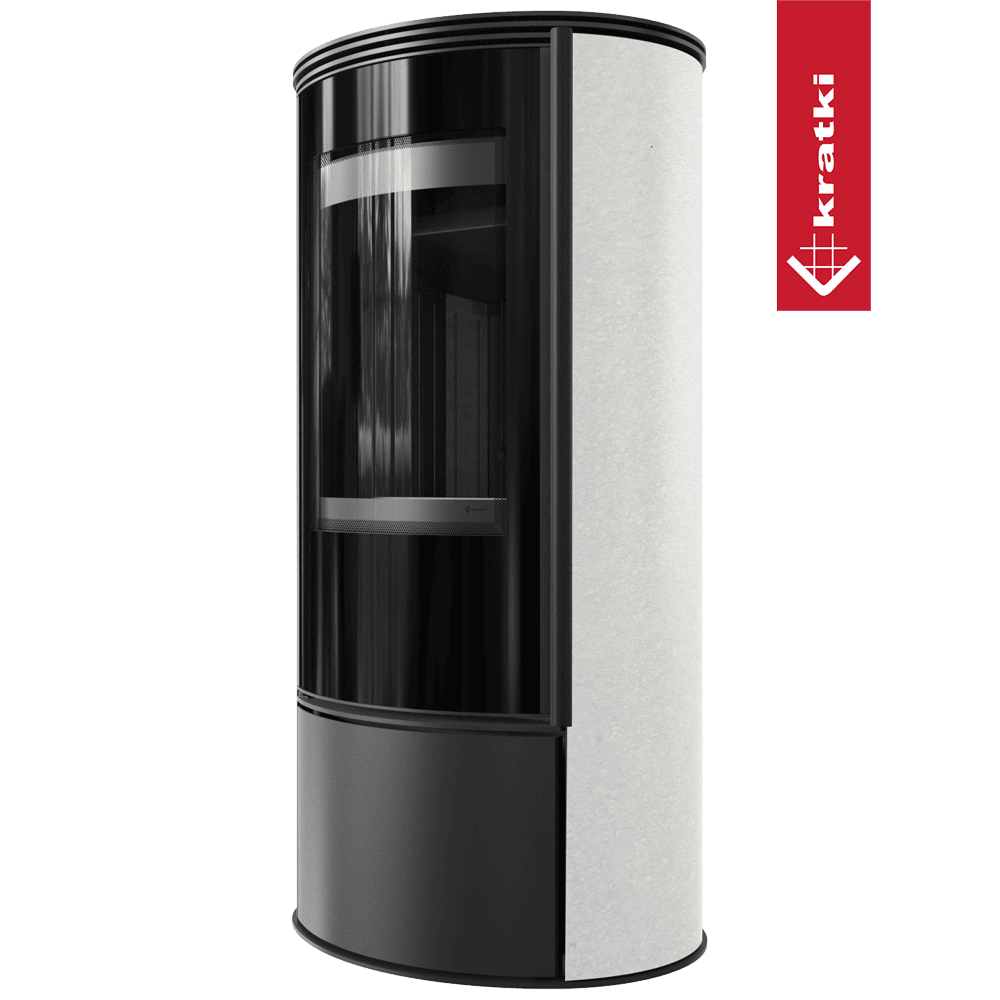 Kratki Kaminofen aus Stahl KRATKI ERIK Ø 150 5,5 kW dekorative Keramiken WHITE SATIN schwarz Verkleidung