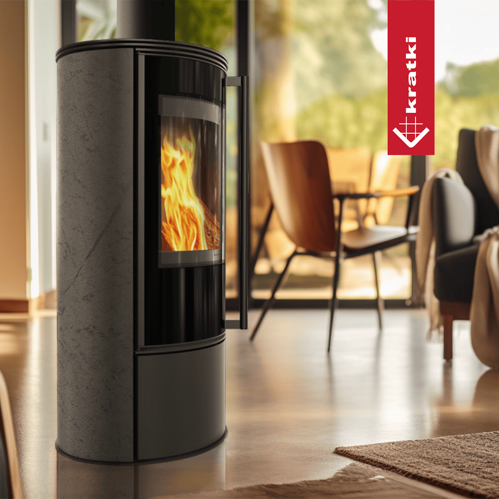 Kratki Kaminofen aus Stahl KRATKI ERIK Ø 150 5,5 kW dekorative Keramiken GRAFITE SATIN schwarz Verkleidung