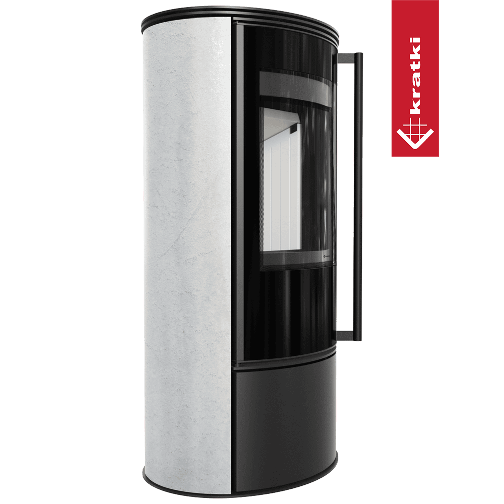 Kratki Kaminofen aus Stahl KRATKI ERIK Ø 150 5,5 kW dekorative Keramiken WHITE NATURAL mit Türfeder