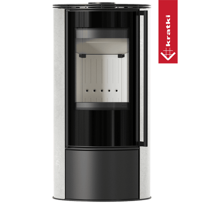 Kratki Kaminofen aus Stahl KRATKI ERIK Ø 150 5,5 kW dekorative Keramiken WHITE NATURAL mit Türfeder