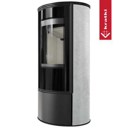 Kratki Kaminofen aus Stahl KRATKI ERIK Ø 150 5,5 kW dekorative Keramiken WHITE NATURAL mit Türfeder