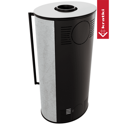 Kratki Kaminofen aus Stahl KRATKI ERIK Ø 150 5,5 kW dekorative Keramiken WHITE NATURAL schwarz Verkleidung mit Türfeder