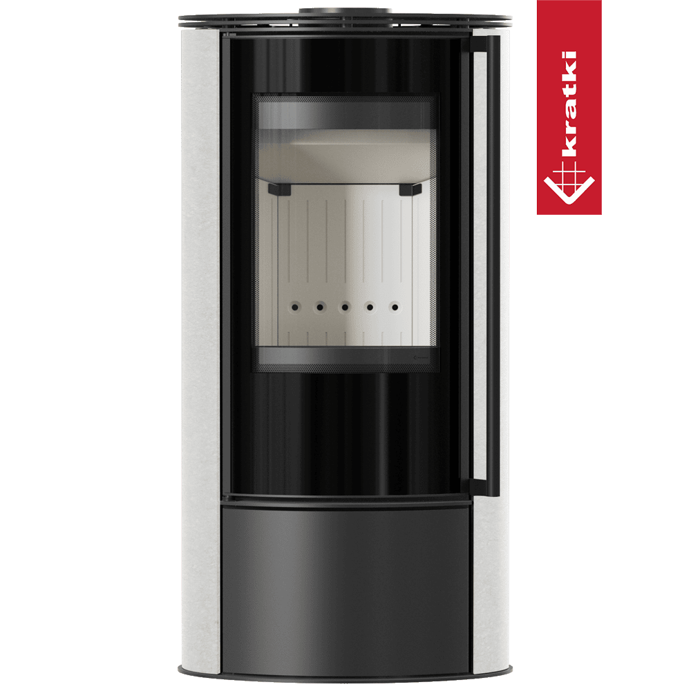 Kratki Kaminofen aus Stahl KRATKI ERIK Ø 150 5,5 kW dekorative Keramiken WHITE SATIN mit Türfeder