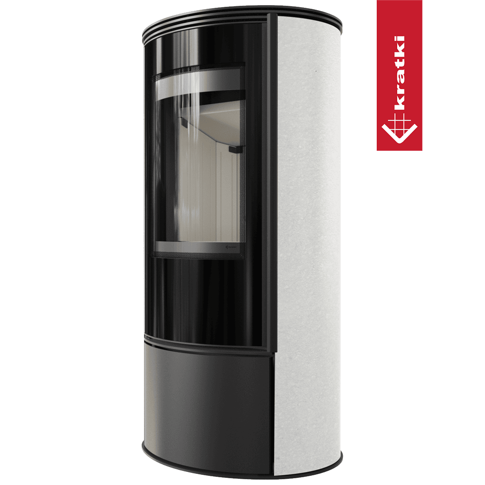 Kratki Kaminofen aus Stahl KRATKI ERIK Ø 150 5,5 kW dekorative Keramiken WHITE SATIN mit Türfeder