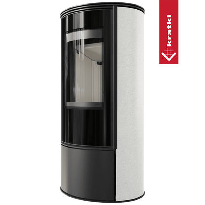 Kratki Kaminofen aus Stahl KRATKI ERIK Ø 150 5,5 kW dekorative Keramiken WHITE SATIN mit Türfeder