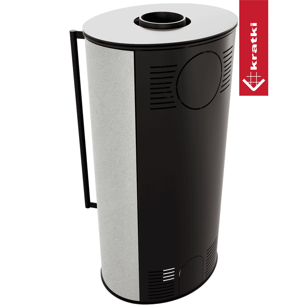Kratki Kaminofen aus Stahl KRATKI ERIK Ø 150 5,5 kW dekorative Keramiken WHITE SATIN mit Türfeder