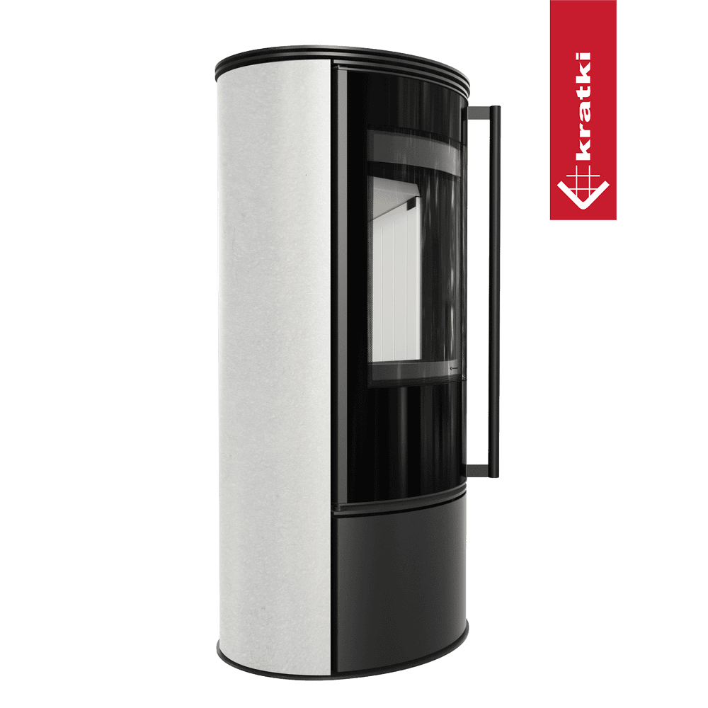Kratki Kaminofen aus Stahl KRATKI ERIK Ø 150 5,5 kW dekorative Keramiken WHITE SATIN mit Türfeder