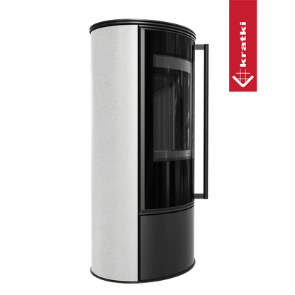 Kratki Kaminofen aus Stahl KRATKI ERIK Ø 150 5,5 kW dekorative Keramiken WHITE SATIN schwarz Verkleidung mit Türfeder