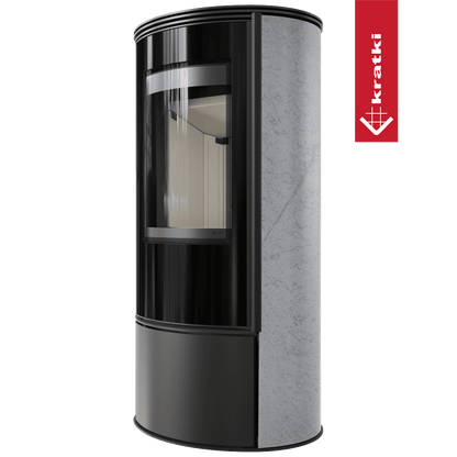 Kratki Kaminofen aus Stahl KRATKI ERIK Ø 150 5,5 kW dekorative Keramiken GRAY SATIN mit Türfeder