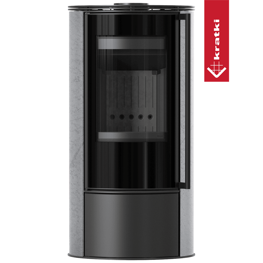 Kratki Kaminofen aus Stahl KRATKI ERIK Ø 150 5,5 kW dekorative Keramiken GRAY SATIN schwarz Verkleidung mit Türfeder