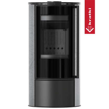 Kratki Kaminofen aus Stahl KRATKI ERIK Ø 150 5,5 kW dekorative Keramiken GRAY SATIN schwarz Verkleidung mit Türfeder