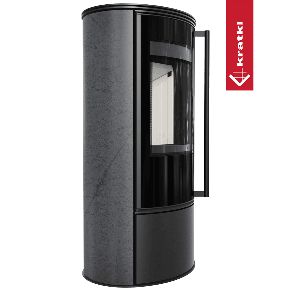 Kratki Kaminofen aus Stahl KRATKI ERIK Ø 150 5,5 kW dekorative Keramiken GRAFITE SATIN mit Türfeder