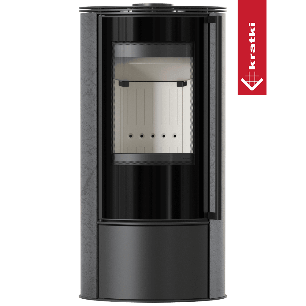 Kratki Kaminofen aus Stahl KRATKI ERIK Ø 150 5,5 kW dekorative Keramiken GRAFITE SATIN mit Türfeder