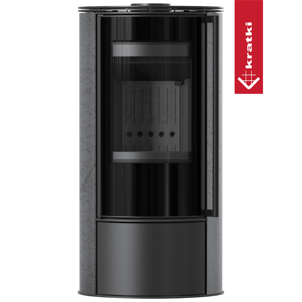 Kratki Kaminofen aus Stahl KRATKI ERIK Ø 150 5,5 kW dekorative Keramiken GRAFITE SATIN schwarz Verkleidung mit Türfeder