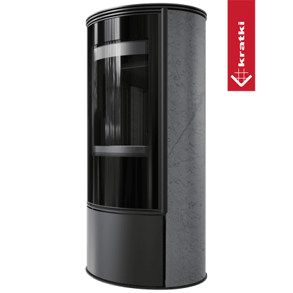Kratki Kaminofen aus Stahl KRATKI ERIK Ø 150 5,5 kW dekorative Keramiken GRAFITE SATIN schwarz Verkleidung mit Türfeder