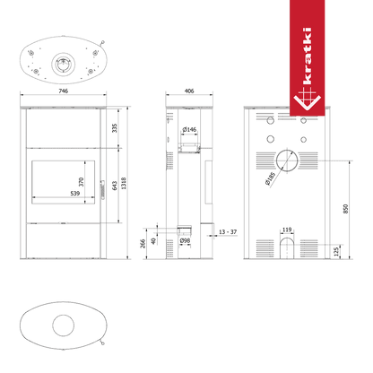 Kratki Kaminofen aus stahl KRATKI AB/S/2/ROLLO Hoch Ø 150 10 kW schwarz Verkleidung