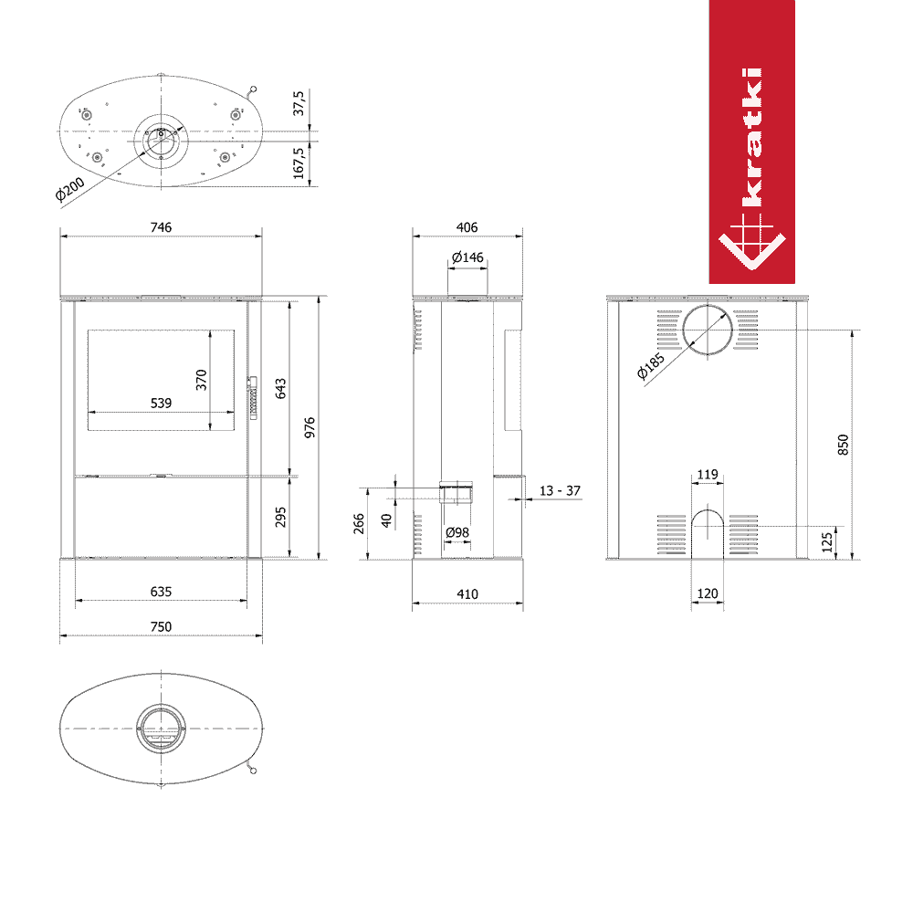 Kratki Kaminofen aus stahl KRATKI AB/S/2/ROLLO Ø 150 10 kW schwarz Verkleidung