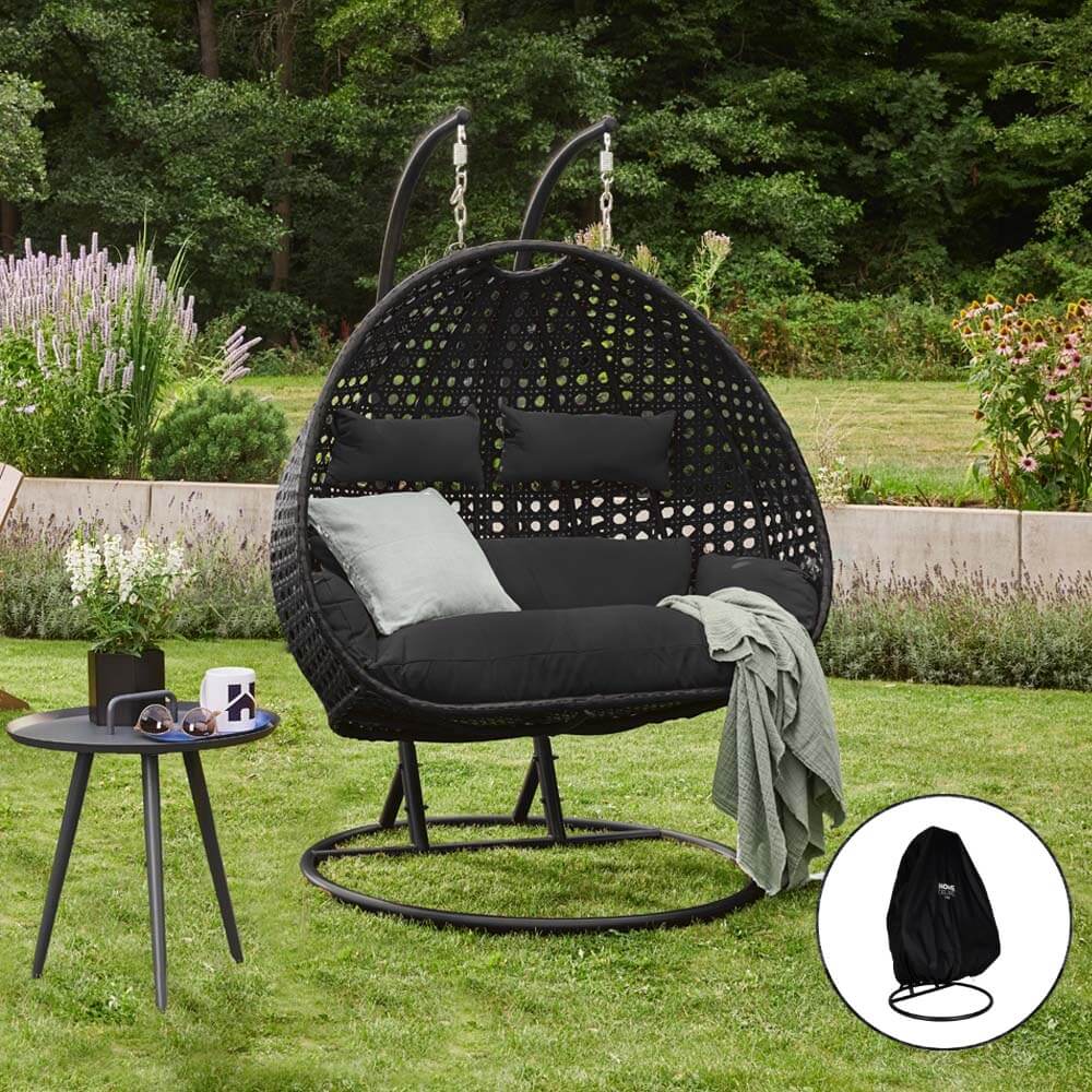 Home Deluxe Polyrattan Hängesessel mit Regenabdeckung TWIN - Schwarz für 2 Personen