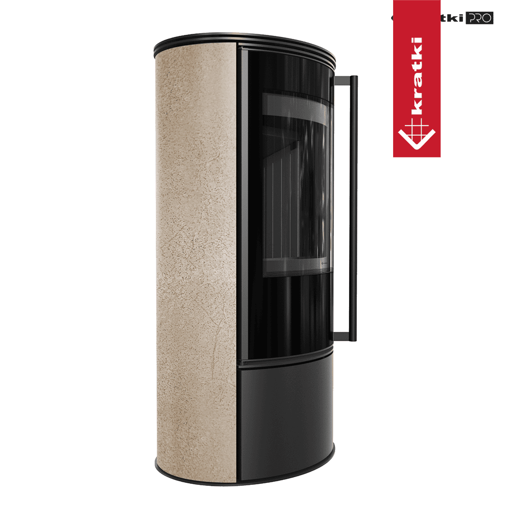 Kratki Kaminofen aus Stahl KRATKI ERIK Ø 150 5,5 kW dekorative Keramiken GOLD SATIN schwarz Verkleidung