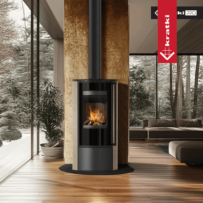 Kratki Kaminofen aus Stahl KRATKI ERIK Ø 150 5,5 kW dekorative Keramiken GOLD SATIN schwarz Verkleidung