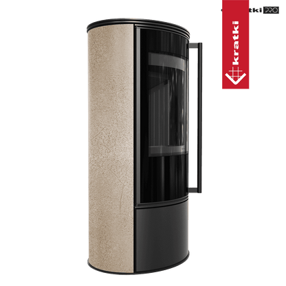 Kratki Kaminofen aus Stahl KRATKI ERIK Ø 150 5,5 kW dekorative Keramiken GOLD SATIN schwarz Verkleidung mit Türfeder