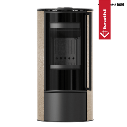 Kratki Kaminofen aus Stahl KRATKI ERIK Ø 150 5,5 kW dekorative Keramiken GOLD SATIN schwarz Verkleidung mit Türfeder