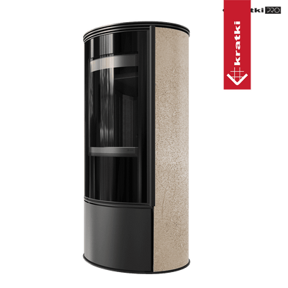 Kratki Kaminofen aus Stahl KRATKI ERIK Ø 150 5,5 kW dekorative Keramiken GOLD SATIN schwarz Verkleidung mit Türfeder