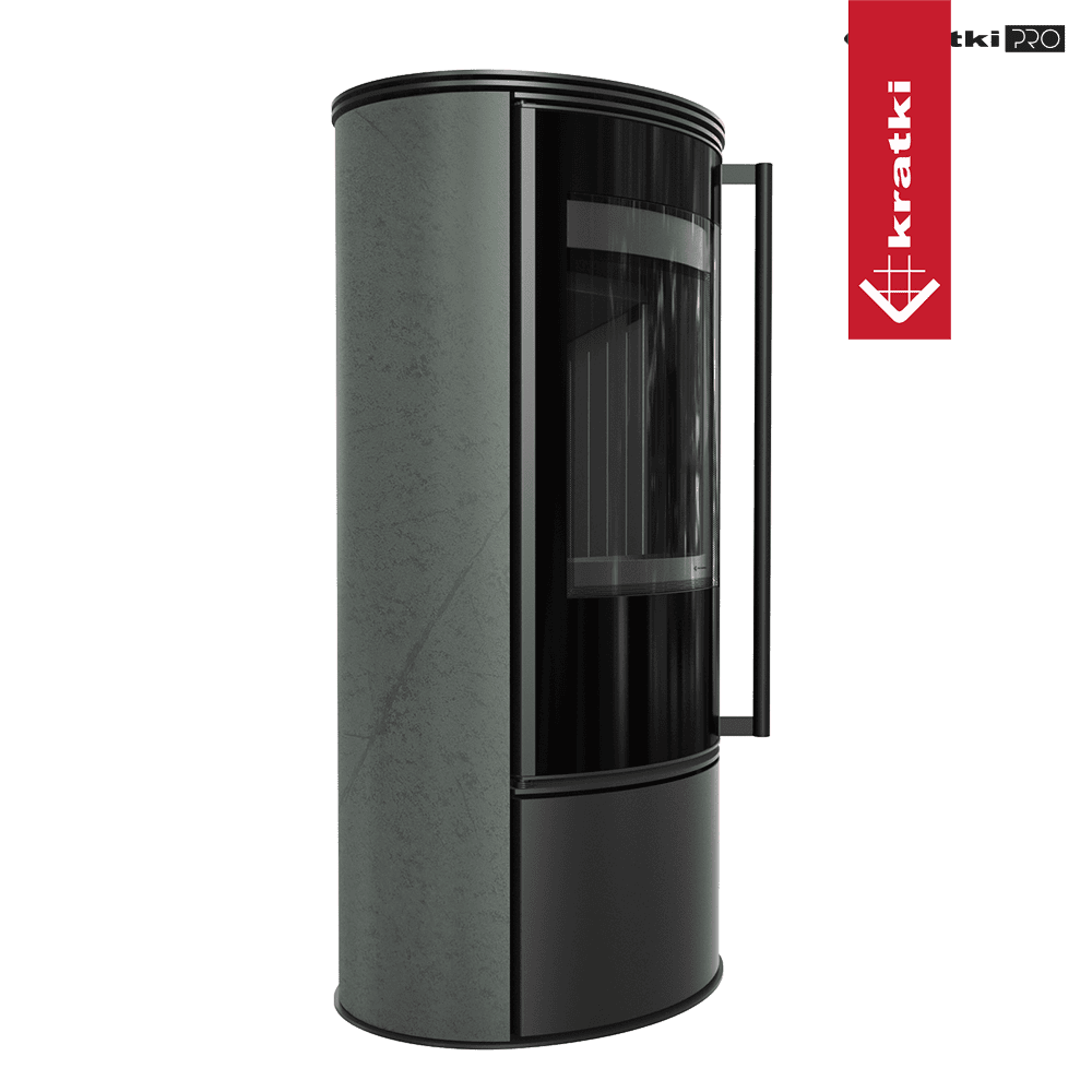 Kratki Kaminofen aus Stahl KRATKI ERIK Ø 150 5,5 kW dekorative Keramiken SERPENTINO schwarz Verkleidung mit Türfeder