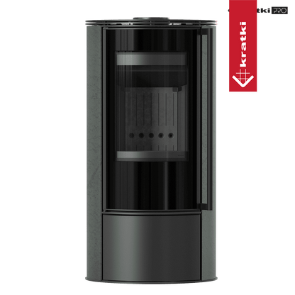 Kratki Kaminofen aus Stahl KRATKI ERIK Ø 150 5,5 kW dekorative Keramiken SERPENTINO schwarz Verkleidung mit Türfeder