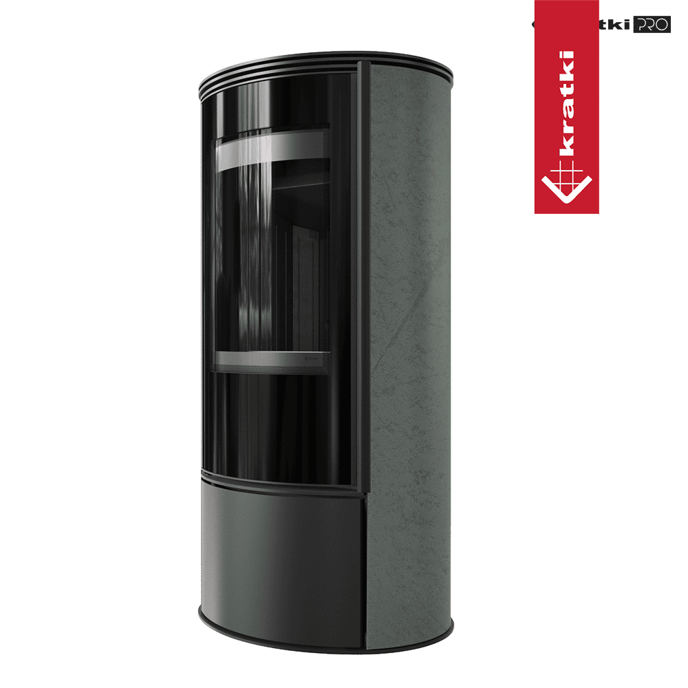 Kratki Kaminofen aus Stahl KRATKI ERIK Ø 150 5,5 kW dekorative Keramiken SERPENTINO schwarz Verkleidung mit Türfeder