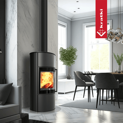 Kratki Kaminofen aus Stahl KRATKI BJORN Hoch 10 kW Ø 150 schwarz Verkleidung mit Türfeder
