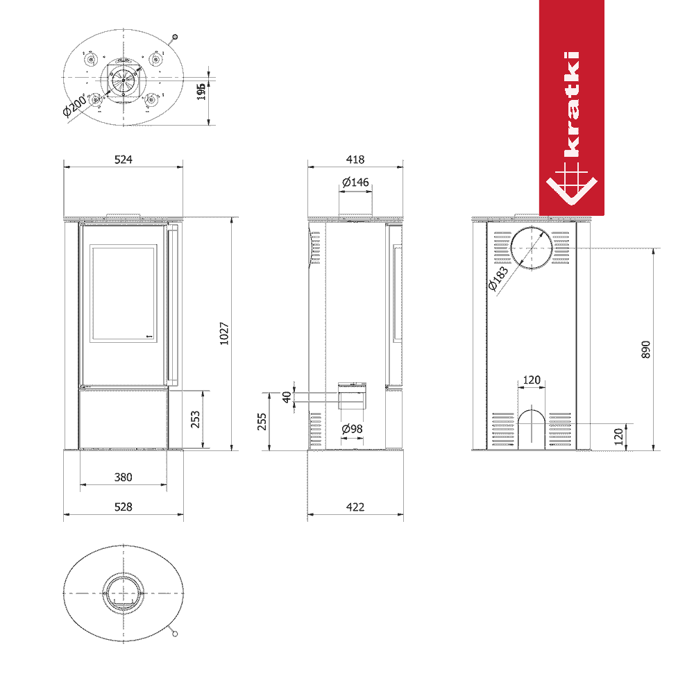 Kratki Piec stalowy ERIK Ø 150 5,5 kW z domykaniem, klamka z drewna egzotycznego Jatoba