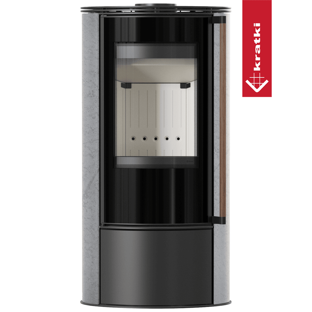 Kratki Piec stalowy ERIK Ø 150 5,5 kW ozdobna ceramika akumulacyjna GRAY SATIN pokrywa stalowa; klamka z drewna egzotycznego Jatoba