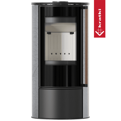 Kratki Piec stalowy ERIK Ø 150 5,5 kW ozdobna ceramika akumulacyjna GREY SATIN pokrywa stalowa; z domykaniem; klamka z drewna egzotycznego Jatoba