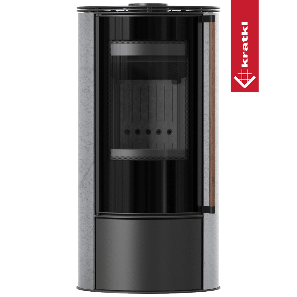 Kratki Piec stalowy ERIK Ø 150 5,5 kW ozdobna ceramika akumulacyjna GREY SATIN pokrywa stalowa; czarny termotec; z domykaniem; klamka z drewna egzotycznego Jatoba