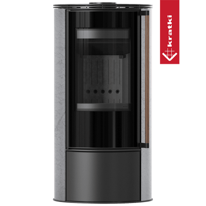 Kratki Piec stalowy ERIK Ø 150 5,5 kW ozdobna ceramika akumulacyjna GREY SATIN pokrywa stalowa; czarny termotec; z domykaniem; klamka z drewna egzotycznego Jatoba