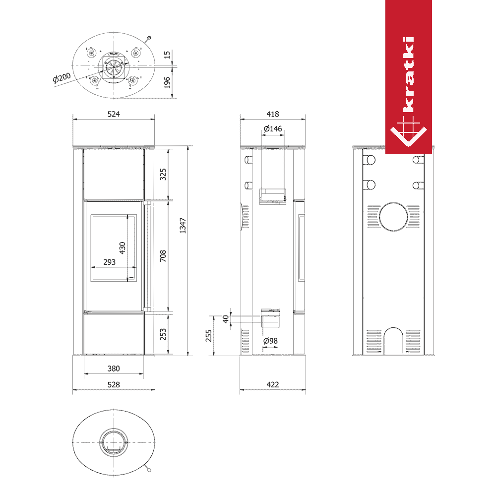 Kratki Piec stalowy ERIK Ø 150 5,5 kW/W z czarnym termotec, klamka z drewna egzotycznego Jatoba