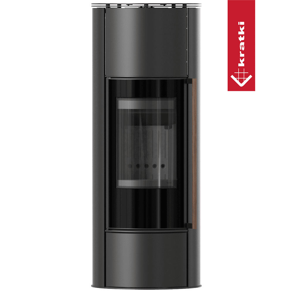 Kratki Piec stalowy ERIK Ø 150 5,5 kW/W z czarnym termotec i domykaniem, klamka z drewna egzotycznego Jatoba