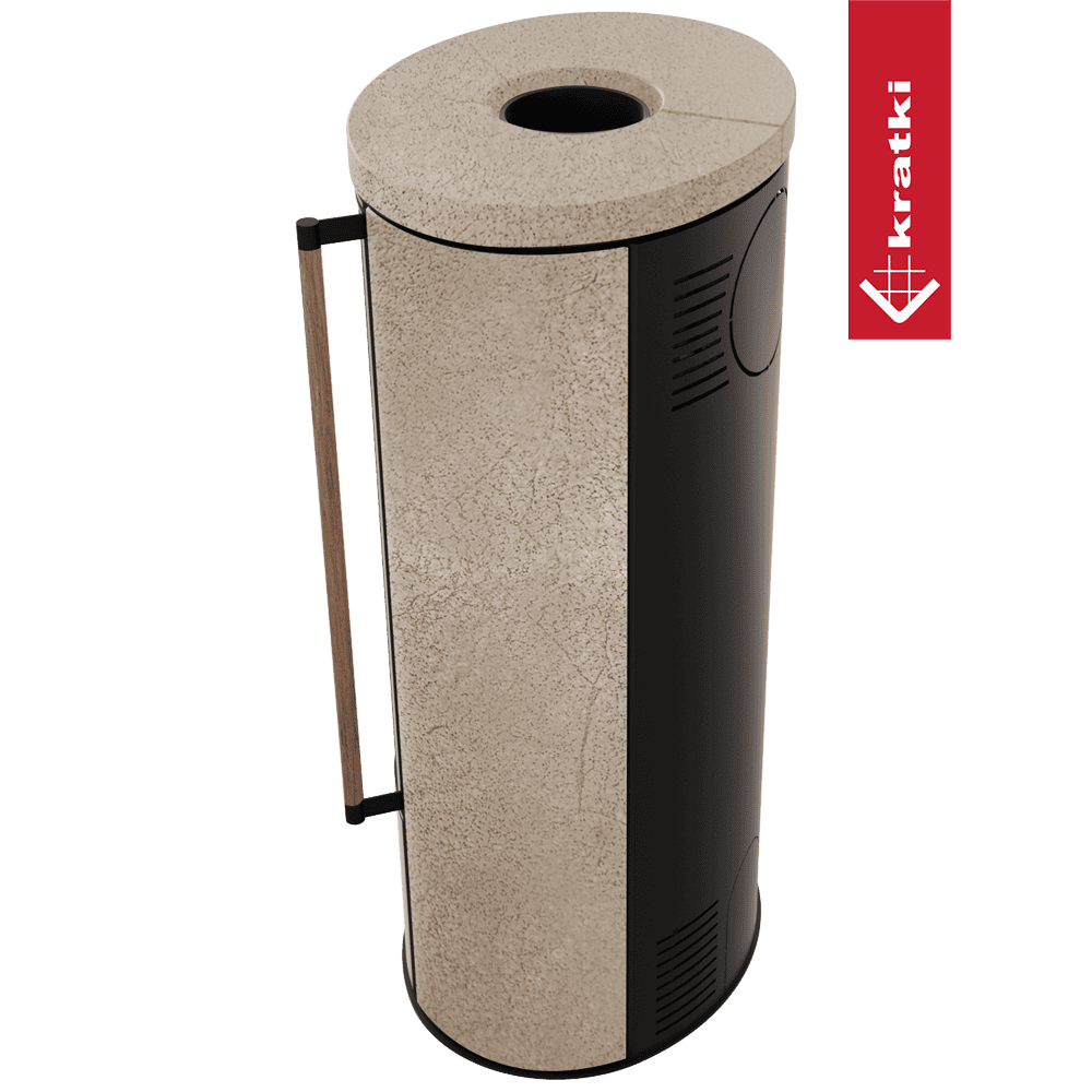 Kratki Piec stalowy ERIK Ø 150 5,5 kW ozdobna ceramika akumulacyjna GOLD SATIN pokrywa ceramiczna; czarny termotec; z domykaniem; klamka z drewna egzotycznego Jatoba
