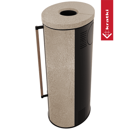 Kratki Piec stalowy ERIK Ø 150 5,5 kW ozdobna ceramika akumulacyjna GOLD SATIN pokrywa ceramiczna; czarny termotec; z domykaniem; klamka z drewna egzotycznego Jatoba