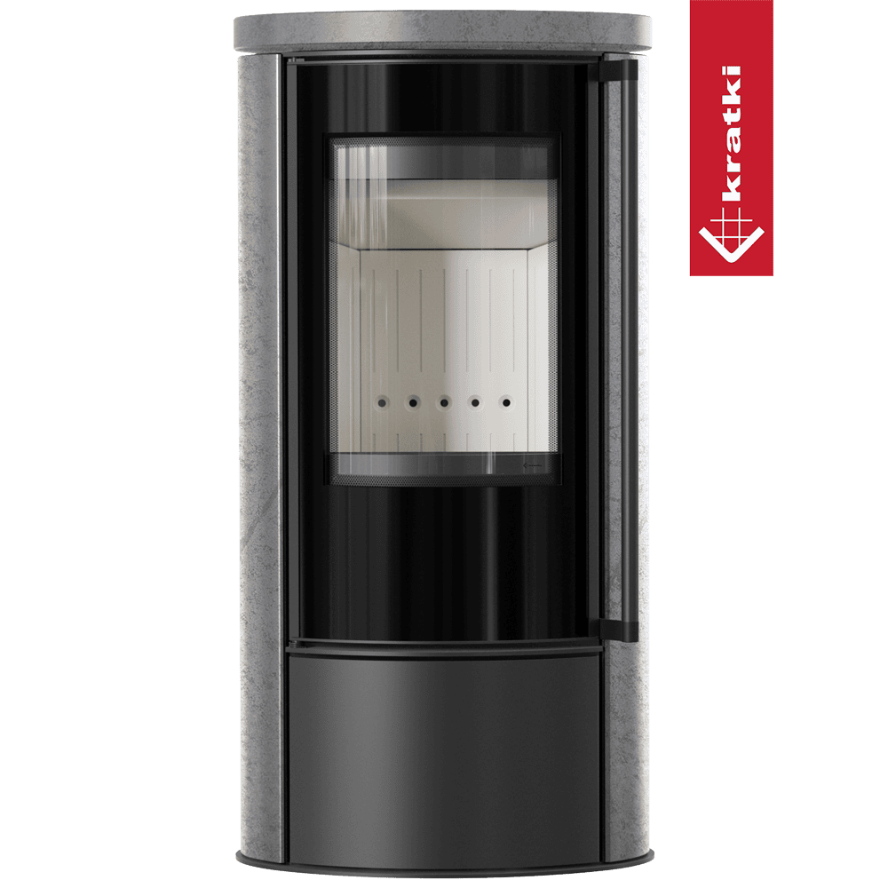 Kratki Piec stalowy ERIK Ø 150 5,5 kW ozdobna ceramika akumulacyjna GRAY SATIN pokrywa ceramiczna